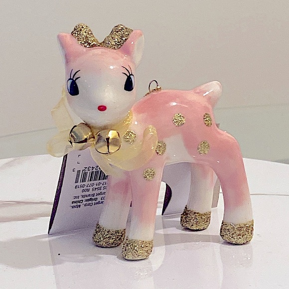 🎄 Wondershop - Ceramic Retro Style Ornament Set of 2 - Pink Bird and Deer - Picture 3 of 4